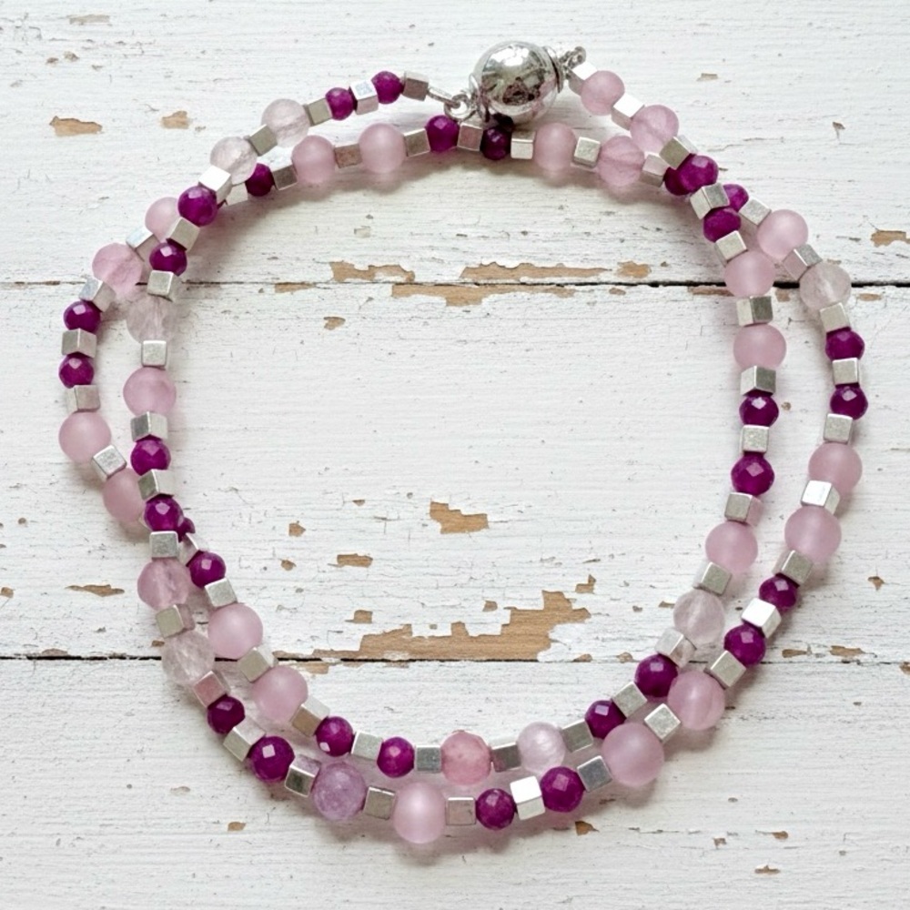 Handmade Double Wrap Bracelet w/ Silver Hematite, Semi Precious Ruby & Cat’s Eye